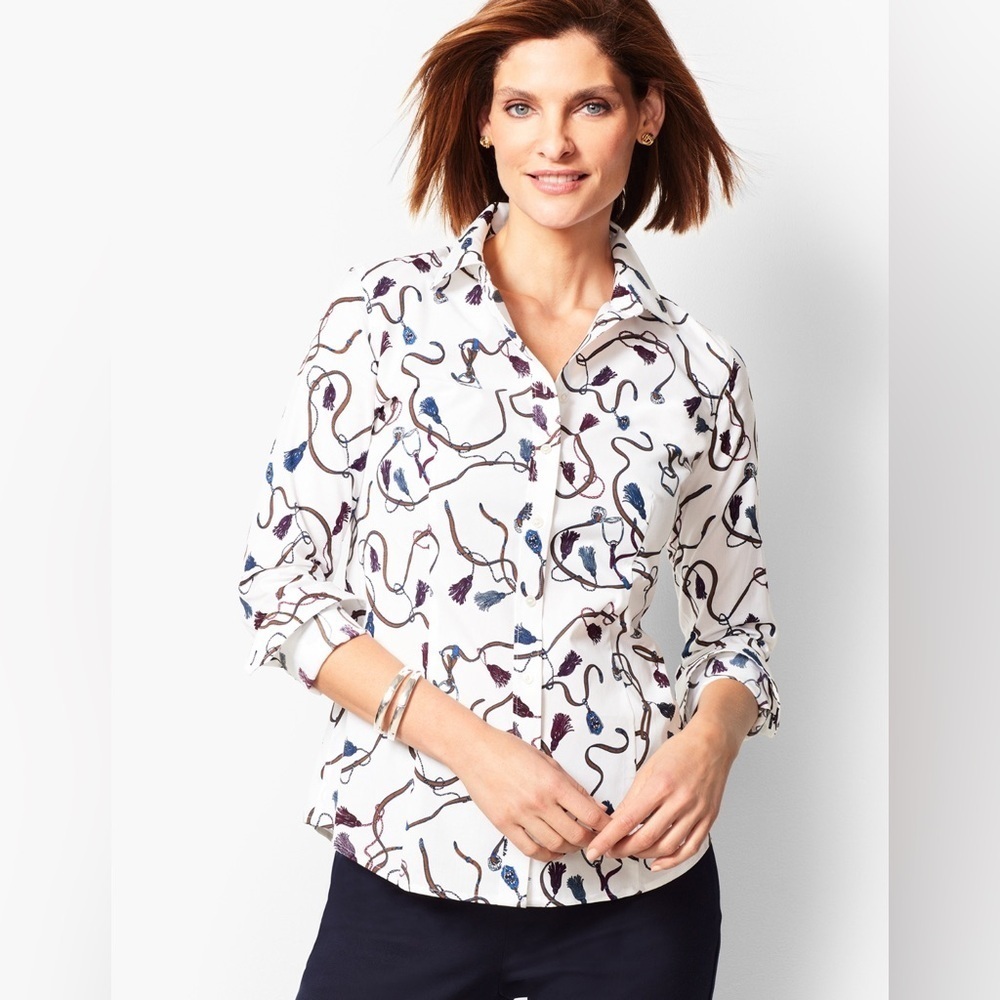 Talbots Equestrian-Print Perfect Shirt – Size 8 | Stretch Cotton | Non-Iron